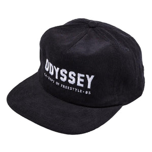 Odyssey Campus 5 Panel Corduroy Snapback Cap - Black with White Stitch